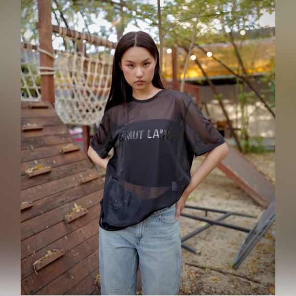 HELMUT LANG Unisex Short Sleeve Sheer Chiffon Logo Tee Size Medium NWT - Picture 2 of 11